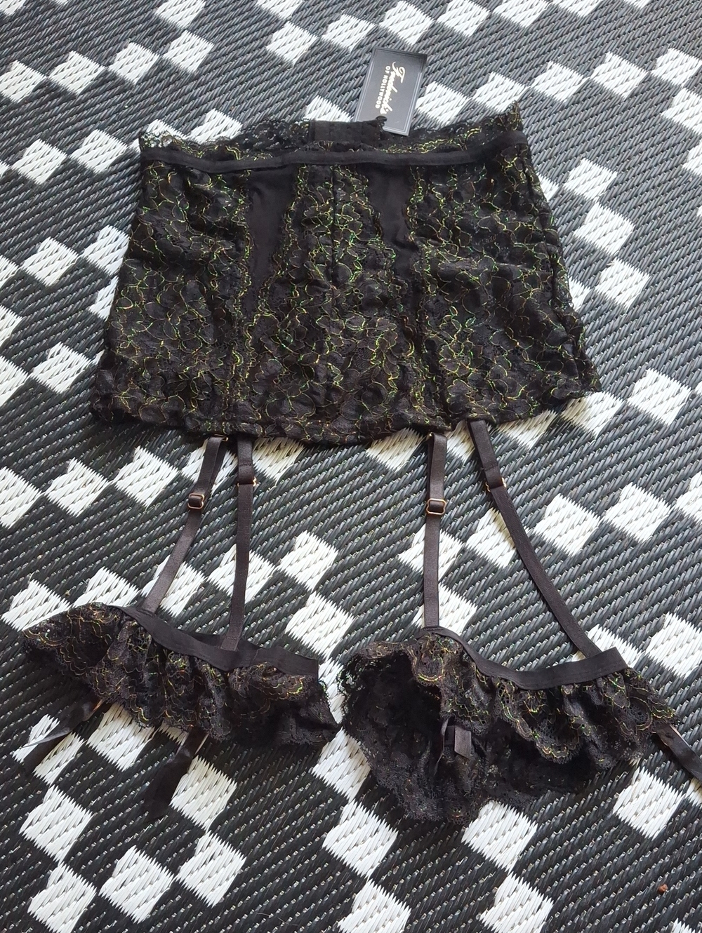 Frederick's of Hollywood Black Lace Garter Skirt with Metallic Thread